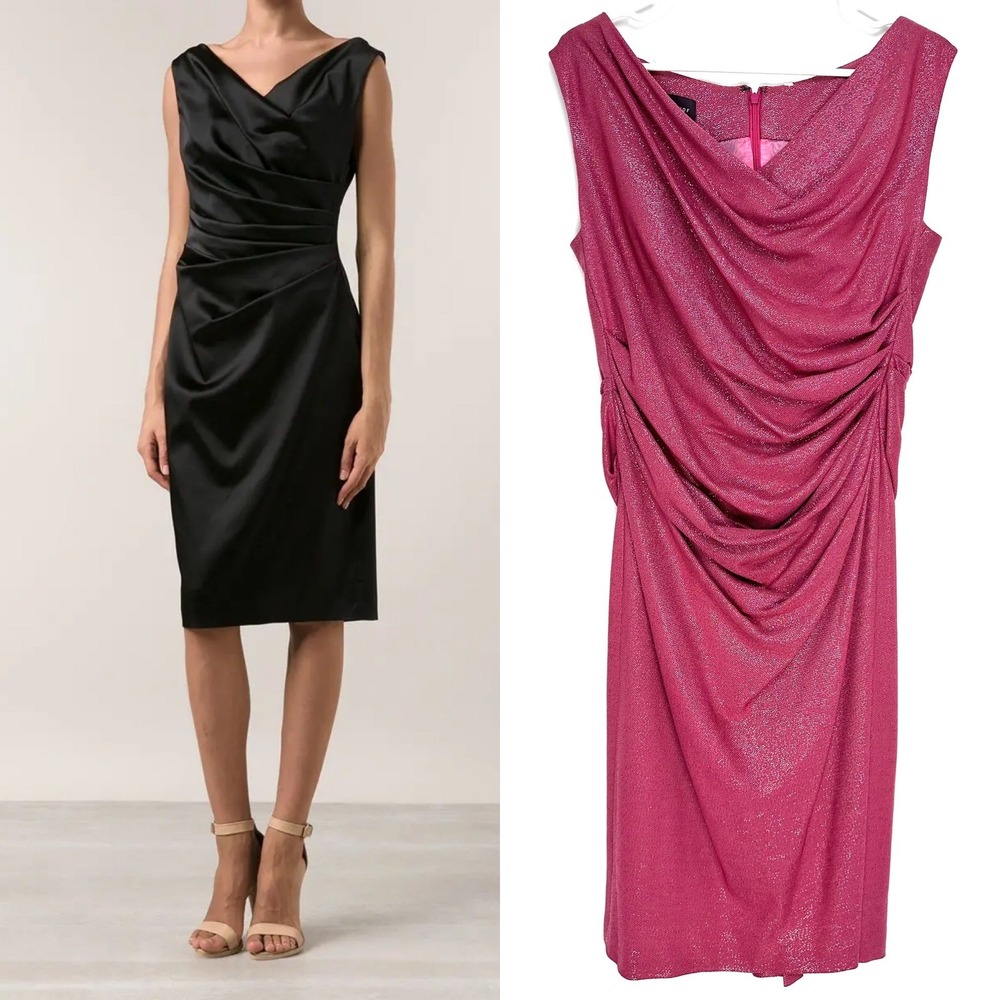 Talbot Runhof Colly V Neck Sleeveless Ruched Cocktail Dress Pink Metallic 14‎